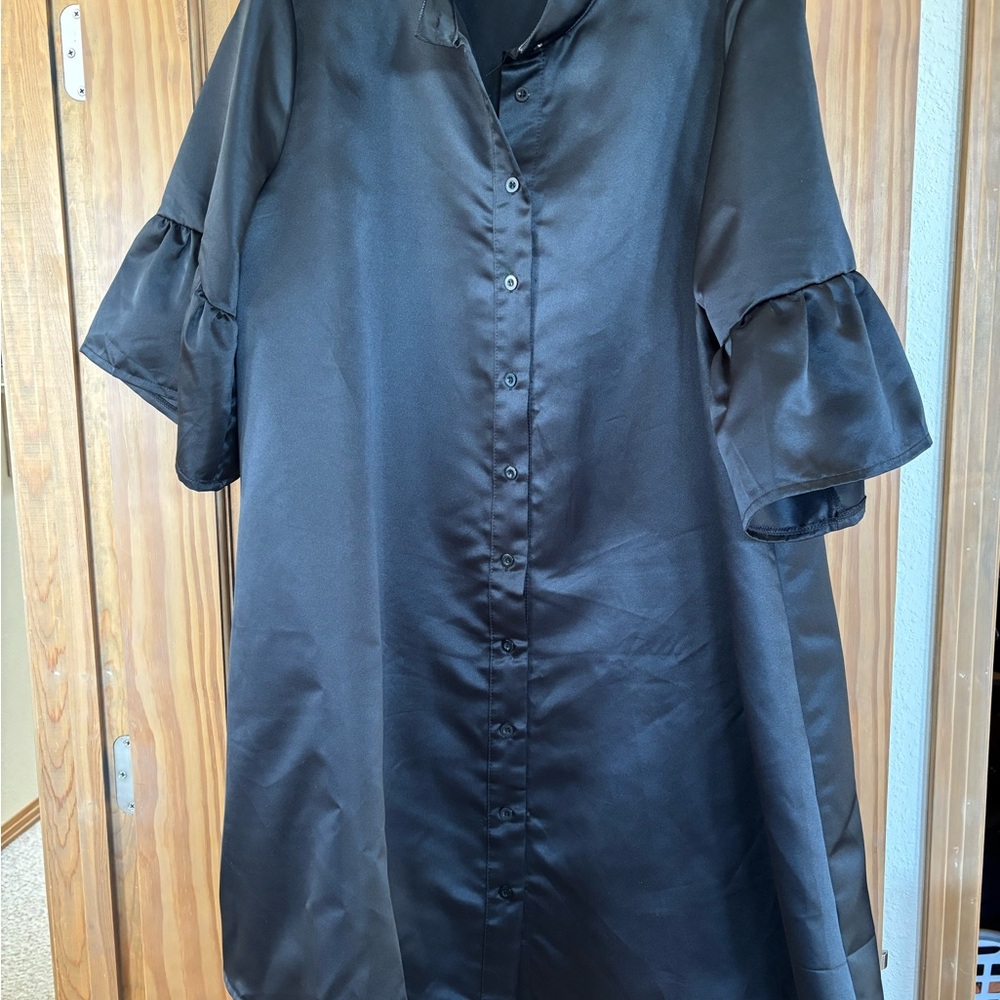 Elegant Black Satin Button-Up Dress